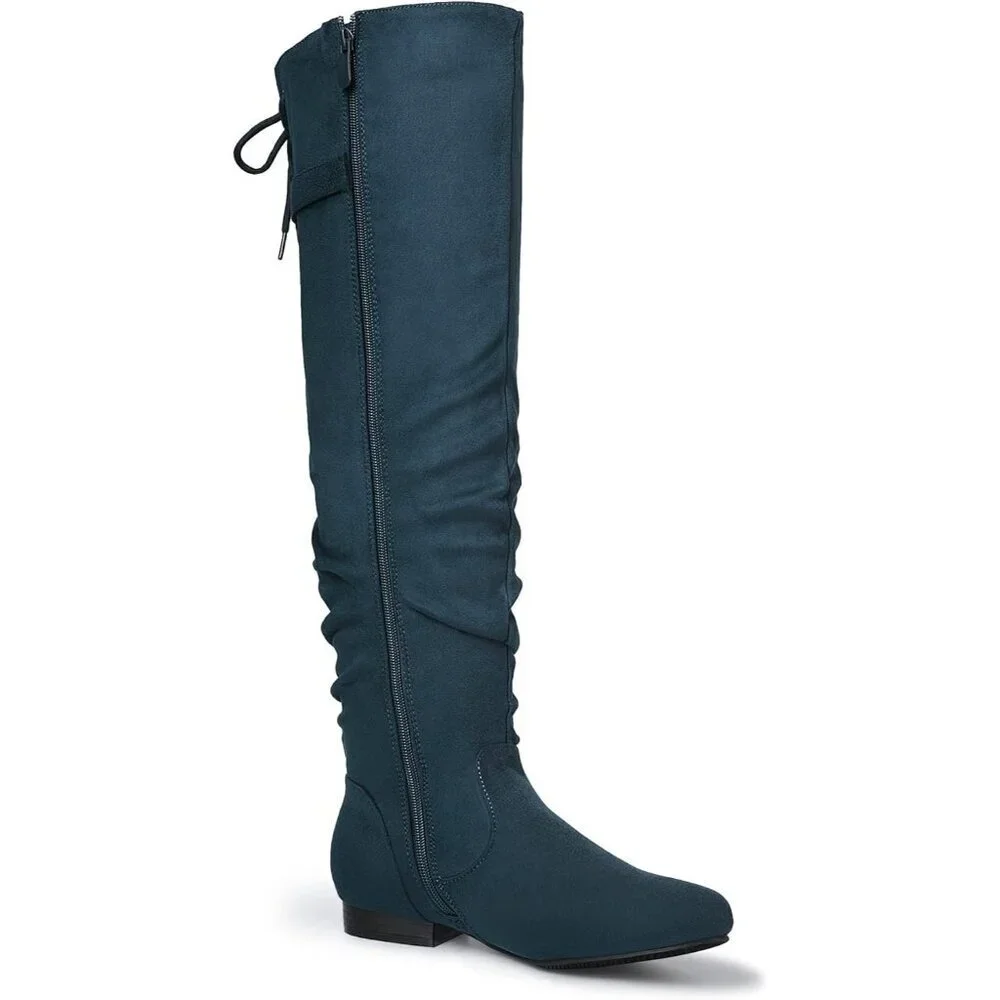 Women's Blue Suede Over The Knee Thigh High Comfortable Low Heel Winter Boots